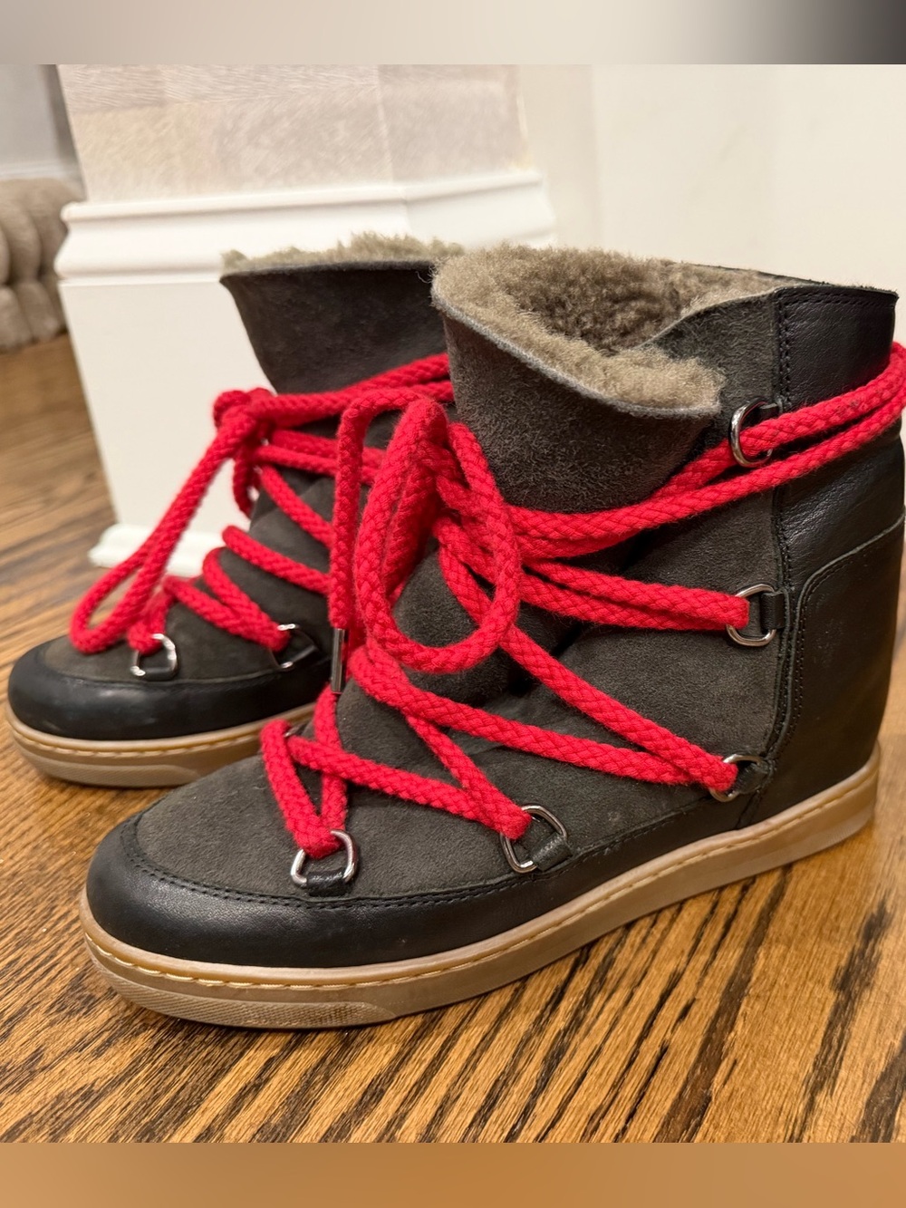 Isabel Marant Black and Red Shearling-Lined Winter Boots